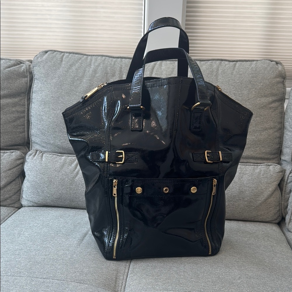 Elegant YSL Black Patent Leather Tote Bag